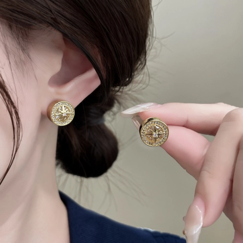 Round Octagonal Star Stud Earrings Copper With 18K Gold Plated Zircon North Star Compass Jewelry For Women