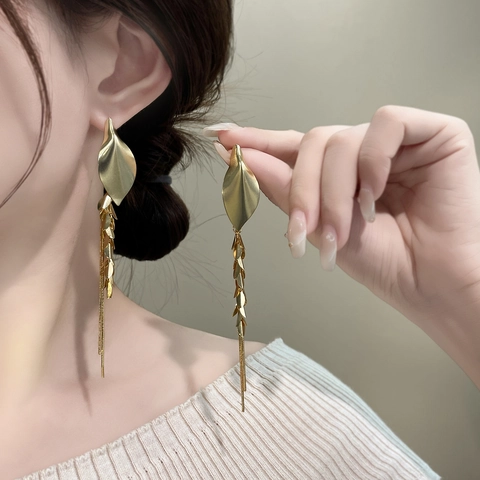 Vintage Blatt Weizen Quaste Tropfen Ohrringe Lange Kette Kupfer Mit Kupfer Ohrstecker Elegante Mode Für Frauen