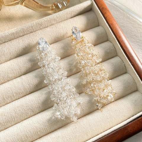 Lange Quasten Ohrhänger Damen Luxus Marquise Zirkon Strass Kristall Perlen 18K Vergoldet Kupfer Silberner Ohrstecker