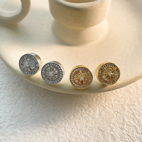 Round Octagonal Star Stud Earrings Copper With 18K Gold Plated Zircon North Star Compass Jewelry For Women
