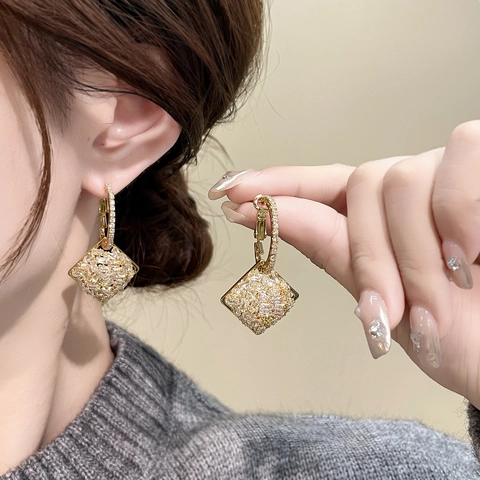 Geometric Square Rhombus Pave Zircon Dangle Earrings Copper 18K Gold Plated Luxury Sparkly For Women