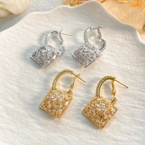 Geometric Square Rhombus Pave Zircon Dangle Earrings Copper 18K Gold Plated Luxury Sparkly For Women