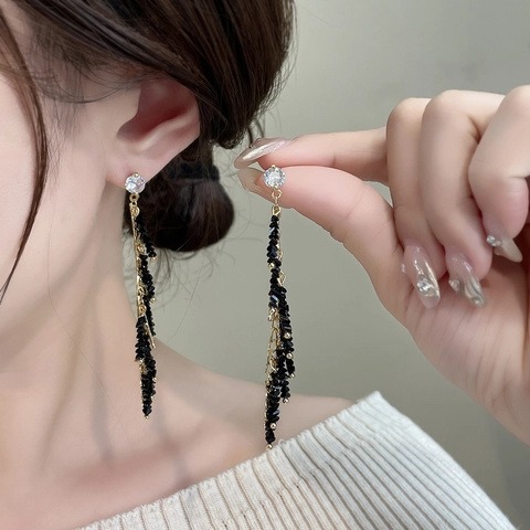 Long Tassel Branch Drop Earrings Zircon Black Beads 18K Gold Plated Copper Earring Post Retro French Style For Women