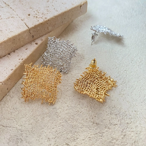 Square Woven Mesh Stud Earrings Vintage Geometric Irregular Texture Gold Plated Copper Jewelry For Women