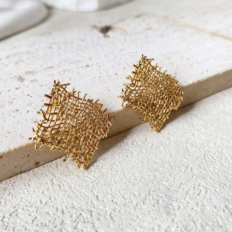 Square Woven Mesh Stud Earrings Vintage Geometric Irregular Texture Gold Plated Copper Jewelry For Women
