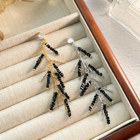 Long Tassel Branch Drop Earrings Zircon Black Beads 18K Gold Plated Copper Earring Post Retro French Style For Women