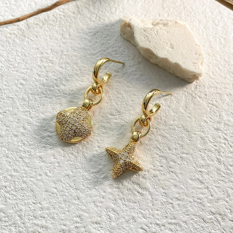 Asymmetrische Stern Und Runde Scheibe Hängeohrringe Kupfer 18K Gold Silber Vergoldet Zirkon Elegant Schmuck Für Frauen