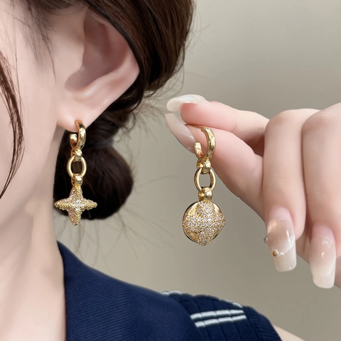 Asymmetrische Stern Und Runde Scheibe Hängeohrringe Kupfer 18K Gold Silber Vergoldet Zirkon Elegant Schmuck Für Frauen