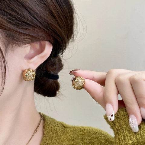 Eleganti Orecchini A Lobo A Sfera Per Donna Rame Placcato Oro 18K Zircone Texture A Griglia Gioielli Vintage