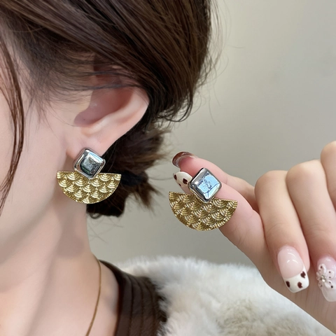 Geometric Fan Shaped Stud Earrings With 18K Gold Plated Copper Earring Post Wave Texture Vintage Jewelry For Women
