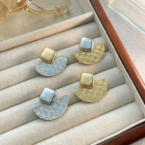 Geometric Fan Shaped Stud Earrings With 18K Gold Plated Copper Earring Post Wave Texture Vintage Jewelry For Women
