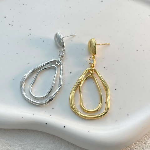 Onregelmatige Dubbele Ring Oorbellen Koper 18K Verguld Zirkoon Retro Stijl Dames Met 925 Sterling Zilveren Steker