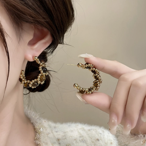 Kralen C-Vormige Hoop Oorbellen Met Natuurlijke Tijgeroog Steen En 18K Verguld Koperen Oorsteker Vintage Retro Voor Vrouwen