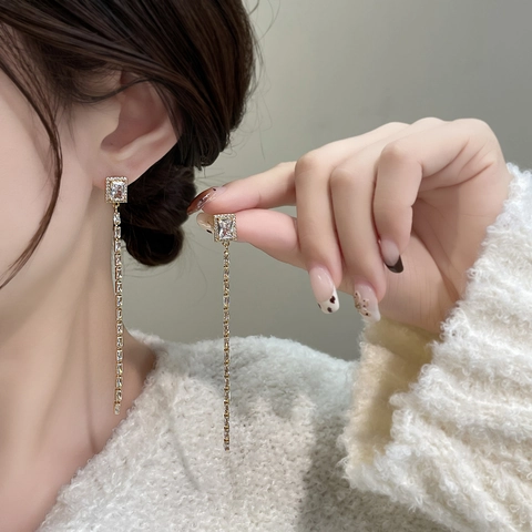 Pendientes Largos De Borla Con Circonita Rectangular Cobre Chapado En Oro Real Lujo Elegante Para Mujer Joyería