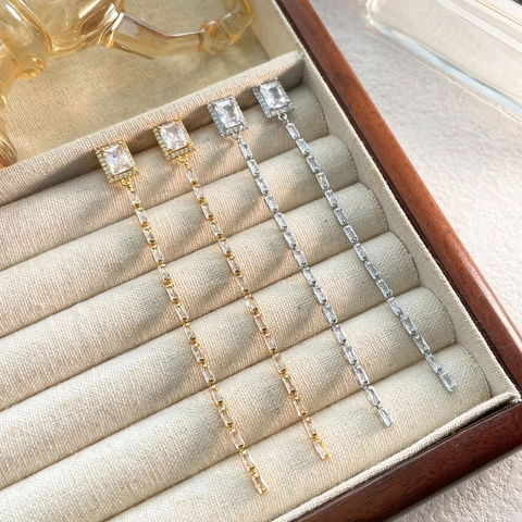 Pendientes Largos De Borla Con Circonita Rectangular Cobre Chapado En Oro Real Lujo Elegante Para Mujer Joyería