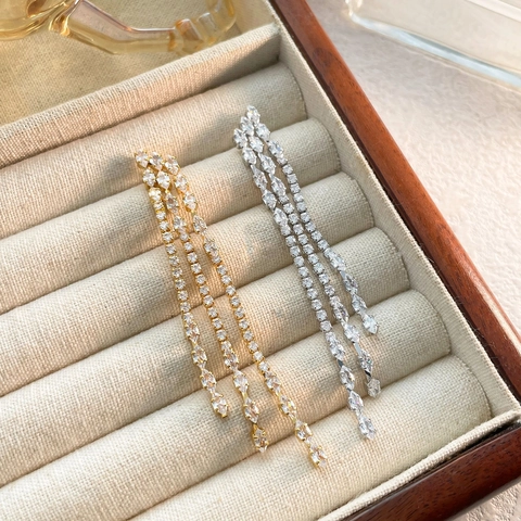 Copper Long Tassel Chain Dangle Earrings Gold Silver Plated Zircon Rhinestone Inlaid Elegant Wedding Banquet Jewelry For Women
