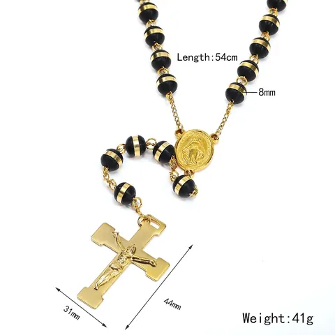 Stainless Steel Cross Rosary Necklace With Religious Beads And Jesus Pendant Retro Hip Hop Prayer Jewelry For Men Women