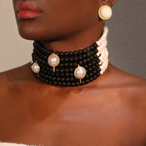 Collier Choker Large Multi Rangs Künstliche Perles Noir Blanc Et Boucles Oreilles Imitation Künstliche Perle Verre Alliage Fait Main Femmes