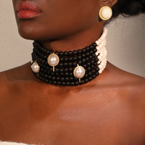Collier Choker Large Multi Rangs Künstliche Perles Noir Blanc Et Boucles Oreilles Imitation Künstliche Perle Verre Alliage Fait Main Femmes