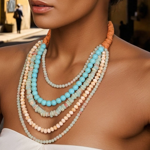 Boho Handgemachte Naturstein Perlenkette Und Ohrringe Mehrlagig Türkis Glas Wachsseil Schmuck Für Damen Urlaub