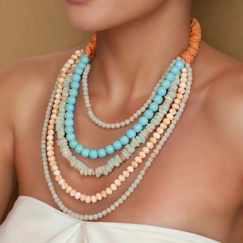 Boho Handgemachte Naturstein Perlenkette Und Ohrringe Mehrlagig Türkis Glas Wachsseil Schmuck Für Damen Urlaub