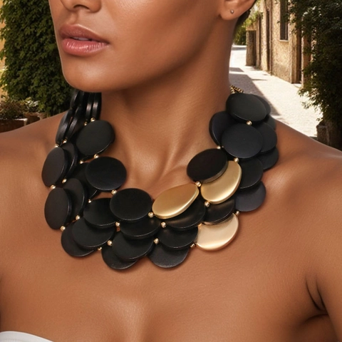 Statement Necklace Multi Layer Wood CCB Alloy Round Geometric Discs Exaggerated Bohemian Style Women Accessory