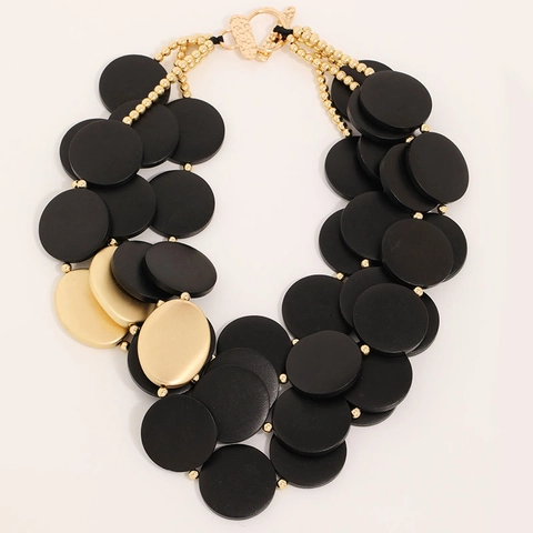 Statement Necklace Multi Layer Wood CCB Alloy Round Geometric Discs Exaggerated Bohemian Style Women Accessory