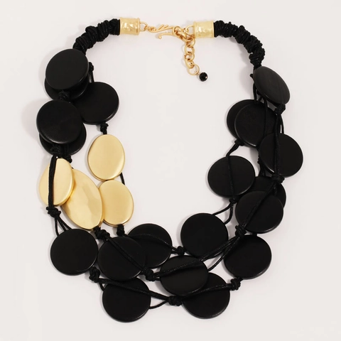 Collana Lunga Multistrato Boema Statement Legno Alluminio Pezzi Tondi Geometrici Nero Oro Moda Per Donne