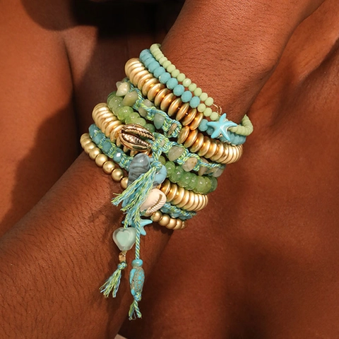Bohemian Multi-layer Beaded Bracelet Stackable Bangle With Synthetic Crystal Glass Beads Shell Turtle Starfish Charms Beach Style