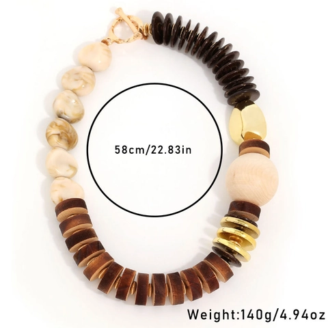 Bohemian Wood Beaded Statement Necklace For Women Vintage Maillard Style Multi Material Resin Alloy OT Clasp Fashion