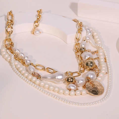Elegant Multi-Layer Imitation Artificial Pearl Necklace Vintage Baroque Style Aluminum Chain With Gold Coin Pendant For Women