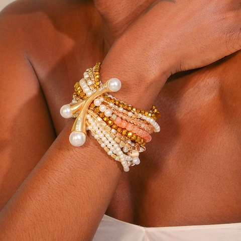 Pulsera Multicapa Bohemia Para Mujer Perla Artificial De Imitación Aleación Cuentas De Vidrio Apilable Desmontable Elástica Dije En Y