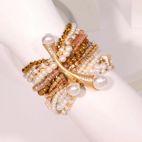 Pulsera Multicapa Bohemia Para Mujer Perla Artificial De Imitación Aleación Cuentas De Vidrio Apilable Desmontable Elástica Dije En Y