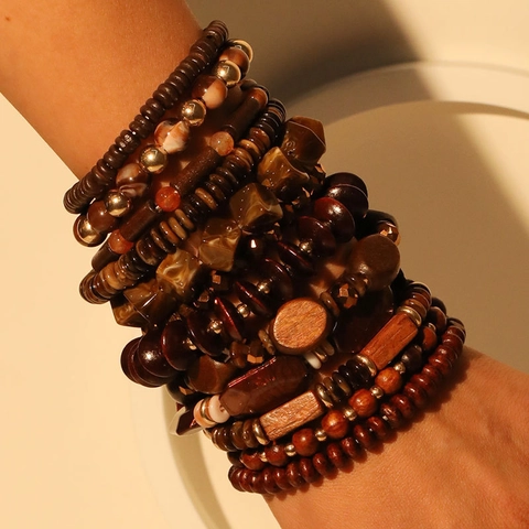 Braccialetti Di Perline Fatti A Mano Legno Acrilico CCB Bohemien Impilabili Elastici Vintage Stile Etnico Gioielli Donna