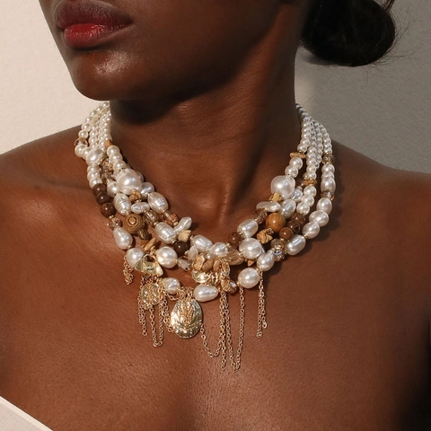 Collana A Più Strati Con Künstliche Perle Finte Künstliche Perle Di Legno Pietra Naturale Lega Frange Con Nappe Boho Vintage Elegante Da Donna