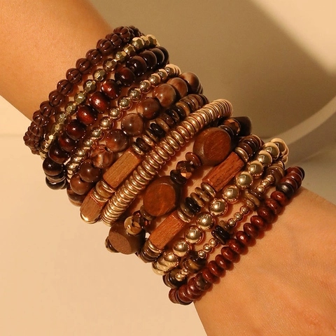 Bohemian Beaded Bracelets Layered Wood Acrylic CCB Stacking Elastic Ethnic Retro Fashion Accessories For Women