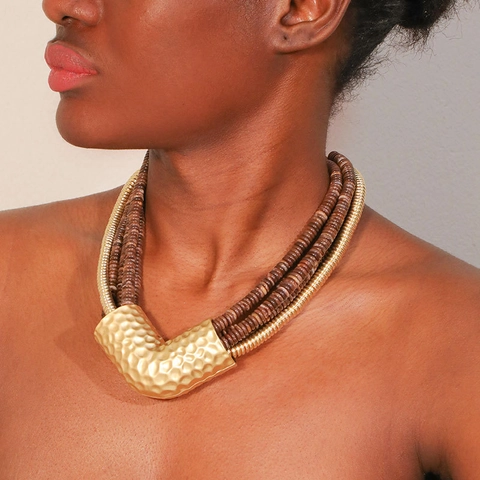 Boheemse Meerlaagse Acryl Kralenketting Voor Dames Gehamerd Metaal Statement Etnische Retro Mode Sieraden