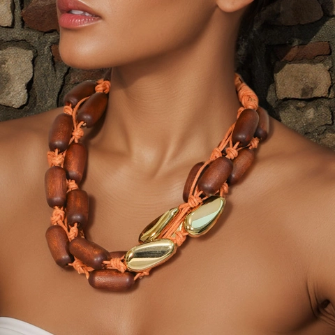 Collana In Legno Multistrato Bohémien Fatta A Mano Con Corda Cerata E Perline In Lega Gioielli Etnici Da Donna