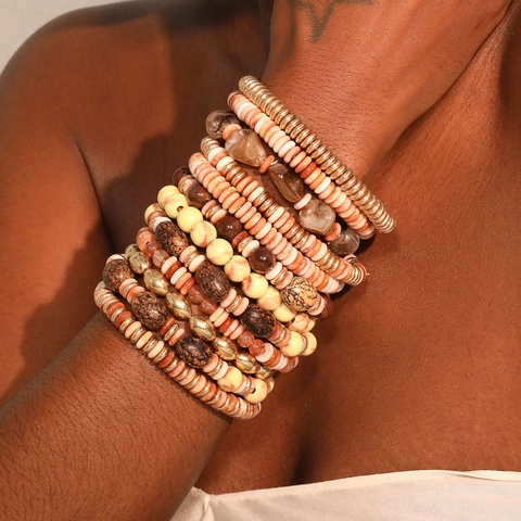 Bohemian Multilayer Beaded Bracelet Acrylic Resin Elastic Cord Marble Texture Ethnic Handmade Jewelry For Women