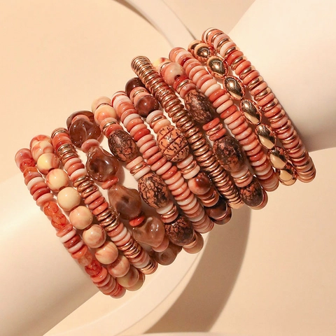 Bohemian Multilayer Beaded Bracelet Acrylic Resin Elastic Cord Marble Texture Ethnic Handmade Jewelry For Women