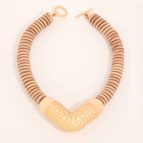 Collana In Perline Di Legno Etnica Bohémien Con Pendente A V In Lega Martellata Gioiello Per Donna