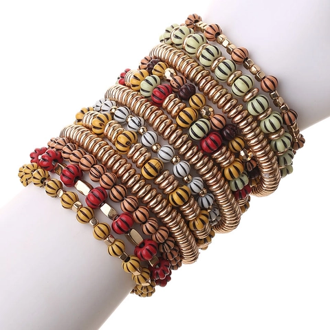 Pulsera De Cuentas Multicapa Bohemia Acrílico Resina Cuentas De Calabaza Rayadas Estilo Étnico Joyería Apilable Mujeres