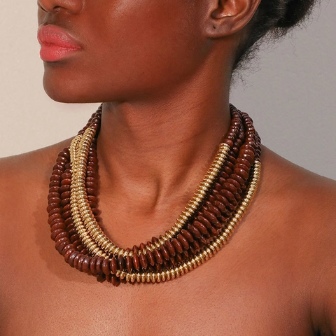 Multi-Layer Wood Beaded Necklace Bohemian Chunky Handmade Alloy CCB Ethnic Clavicle Chain Jewelry For Women