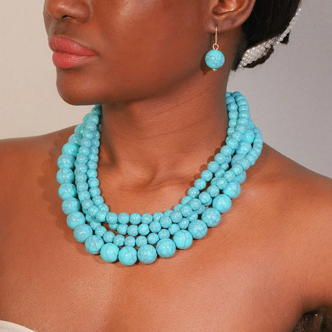 Bohemian Multi Layer Faux Turquoise Beaded Necklace And Earrings Hammered Alloy Geometric Heart Pendant Ethnic Women