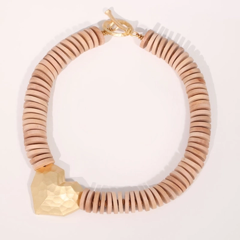 Collana Perline Legno Fatta Mano Ciondolo Cuore Orecchini Accessori Lega Martellata Chiusura Ginocchiera Boho Moda Regalo Donna