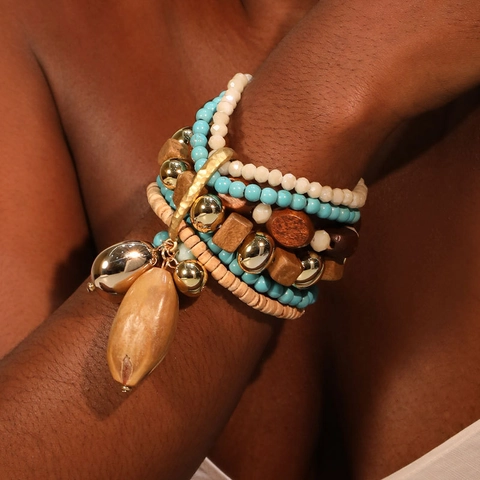 Bohemian Multi-Layer Beaded Bracelet Women Handmade Wood Crystal Alloy Ethnic Style Stackable Jewelry With Pendants