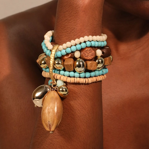Bohemian Multi-Layer Beaded Bracelet Women Handmade Wood Crystal Alloy Ethnic Style Stackable Jewelry With Pendants