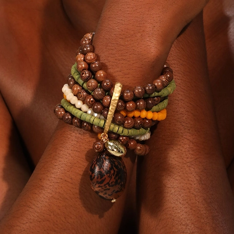 Multi-Layer Beaded Bracelet Wood Crystal Alloy Bohemian Ethnic Style Leopard Print Pendant Handmade