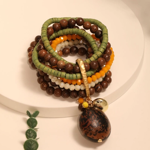Multi-Layer Beaded Bracelet Wood Crystal Alloy Bohemian Ethnic Style Leopard Print Pendant Handmade