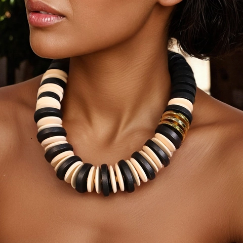 Klobige Perlenkette Holz CCB Legierung Runde Flache Perlen Boho Handgefertigter Statement Schmuck Für Damen